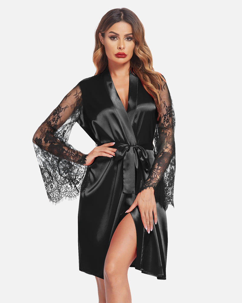 Black satin kimono robe with lace sleeves, V-neck, and tied waist belt