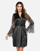 Black satin kimono robe with lace sleeves and tied waist belt, thigh-length