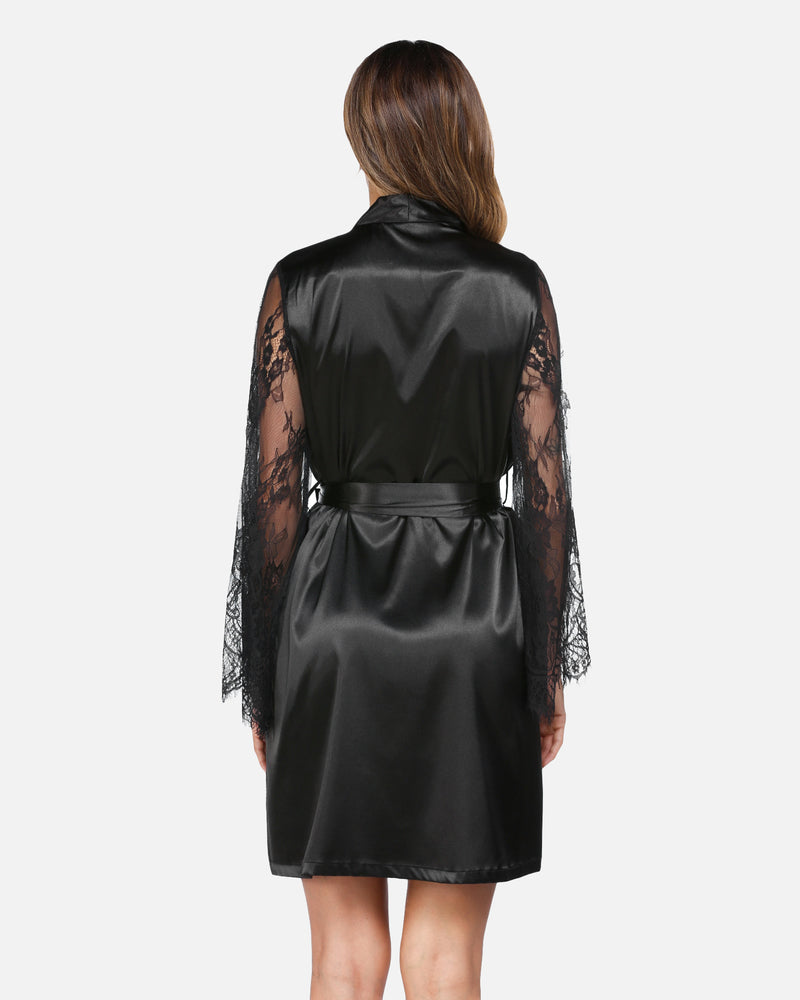Black satin kimono robe from back view with lace sleeves and tied waist belt