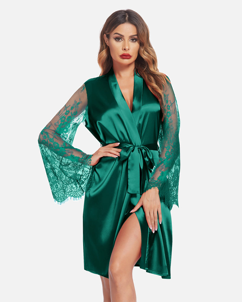 Dark green satin kimono robe with lace sleeves and tied waist belt, front slit