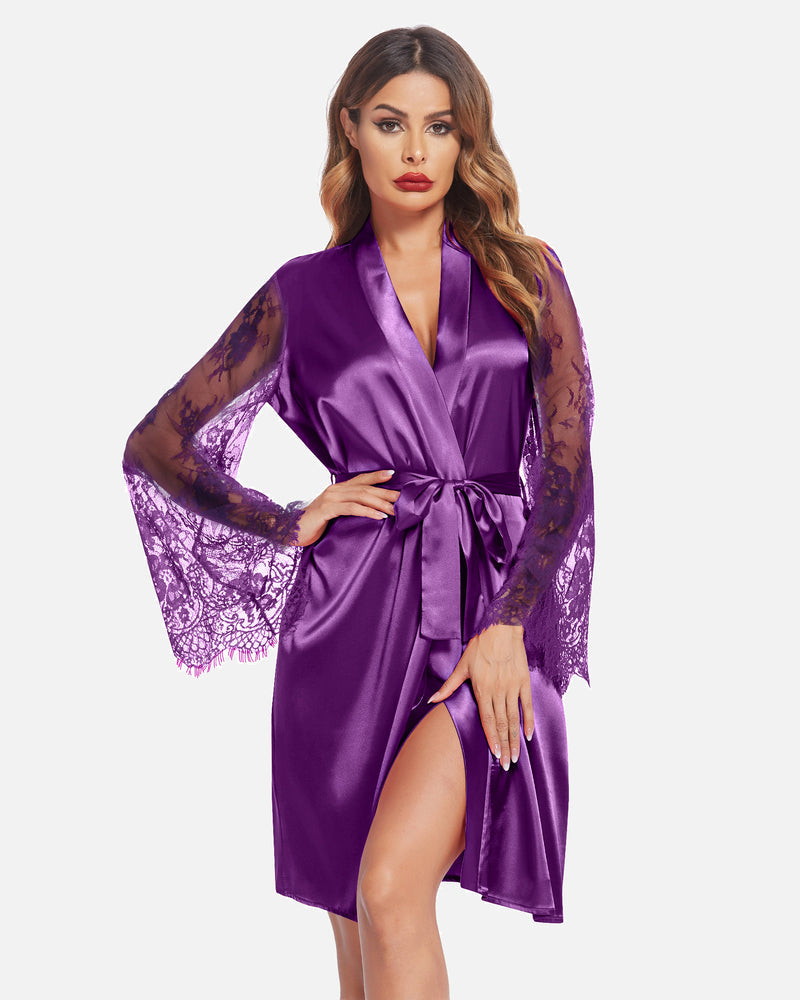 Purple satin kimono robe with lace sleeves and tied waist belt, front slit