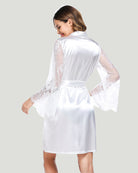 White satin kimono robe with lace sleeves and tie waist, back view
