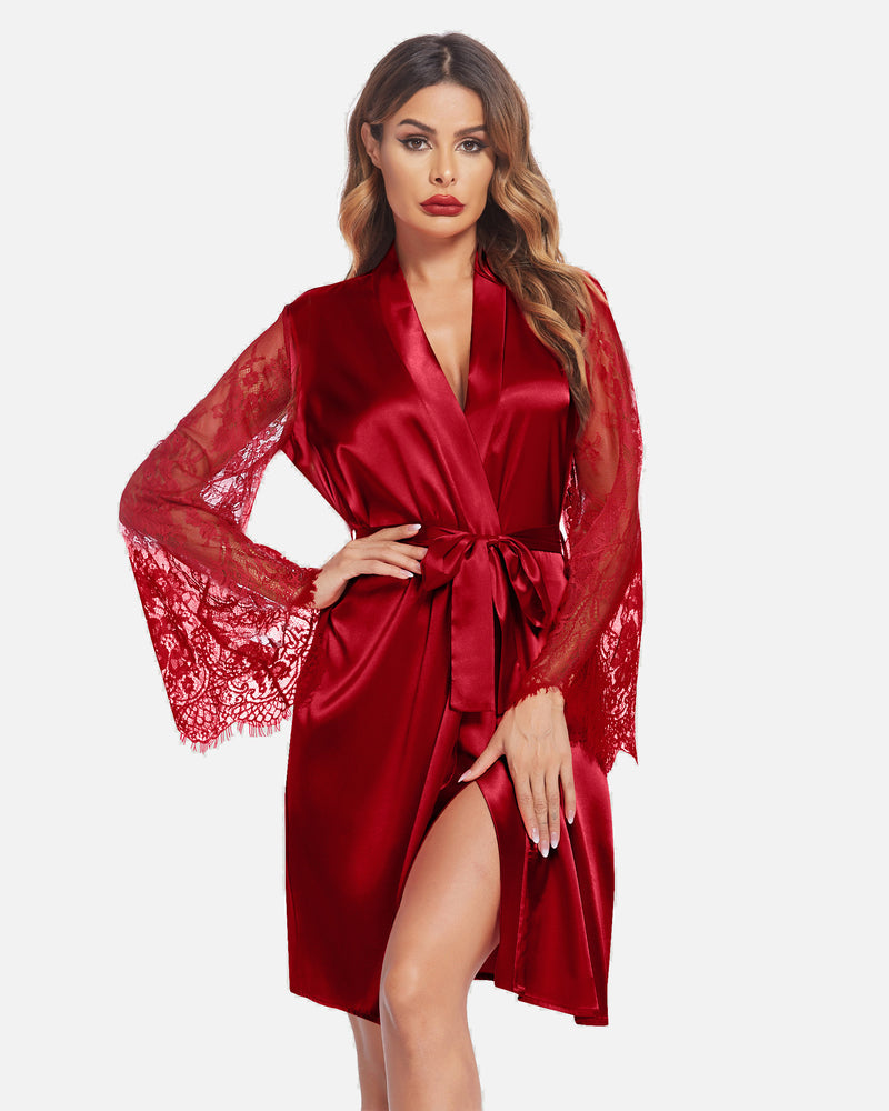 Wine red satin kimono robe with lace bell sleeves, V-neck, and tie waist