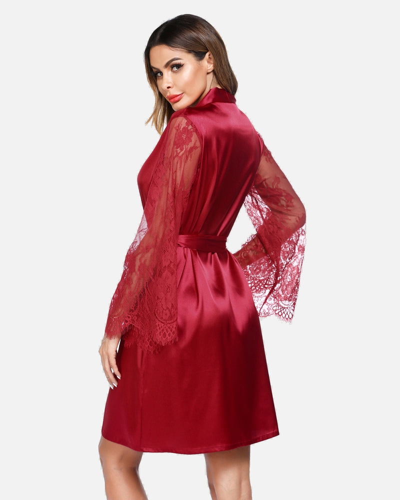 Wine red satin kimono robe with lace sleeves and tie waist, back view
