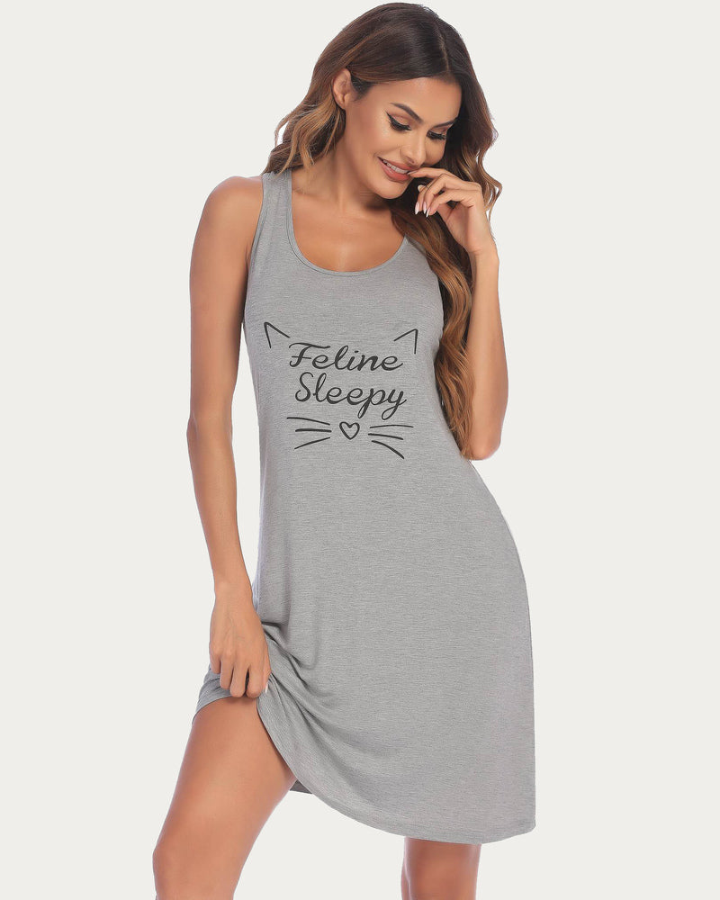 Light grey racerback night dress, sleeveless scoop neck with “Feline Sleepy” cat graphic.