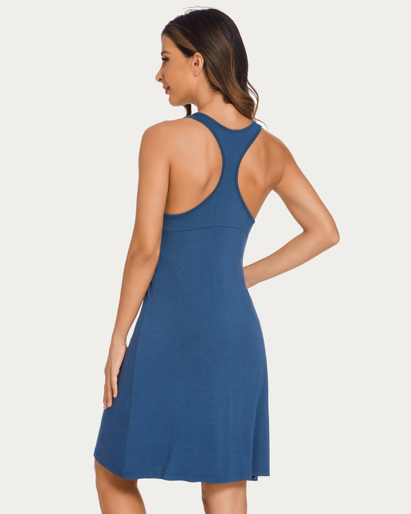 Blue racerback night dress from side view, sleeveless cut with open racerback.