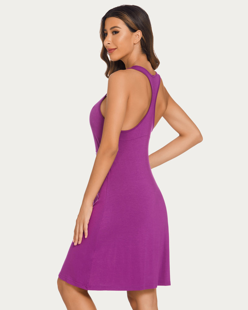 Purple racerback chemise night dress with scoop neckline and flared hem.