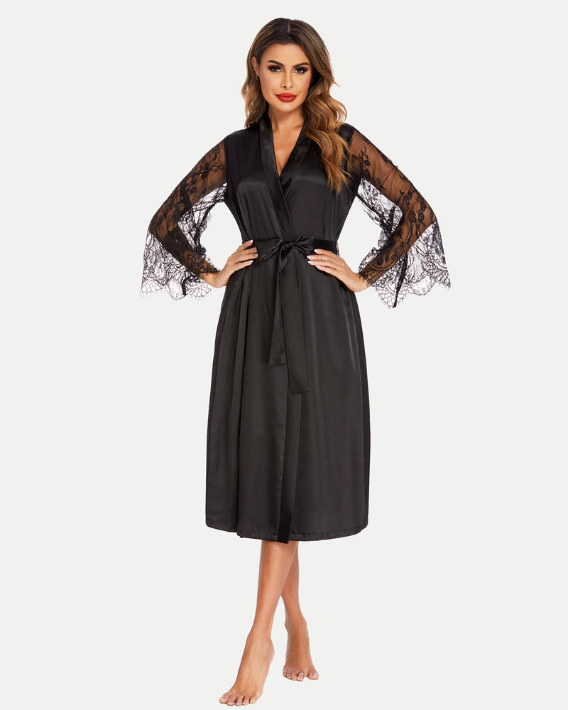 Black floral lace kimono robe with V-neck and waist tie belt, midi length