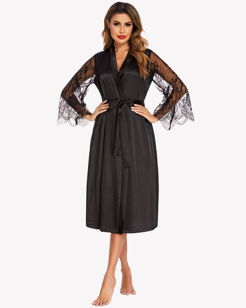 Black satin kimono robe with lace sleeves, V-neck, and tied waist belt