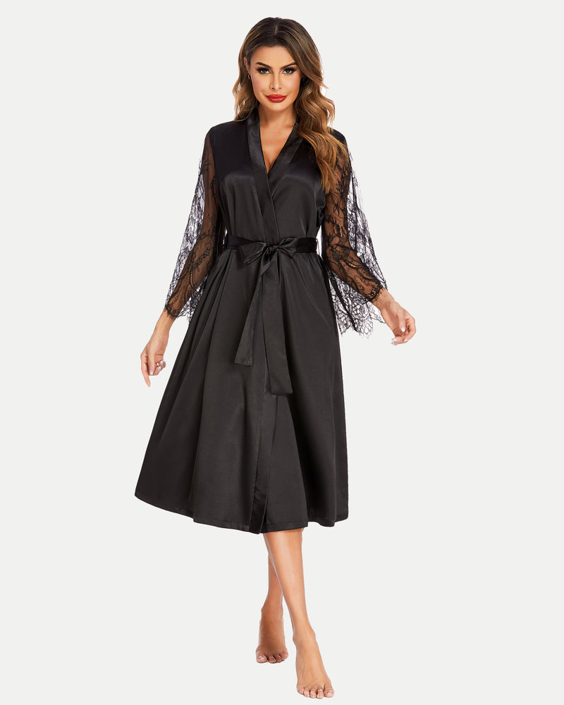 Black satin kimono robe with floral lace sleeves and tied waist, knee-length