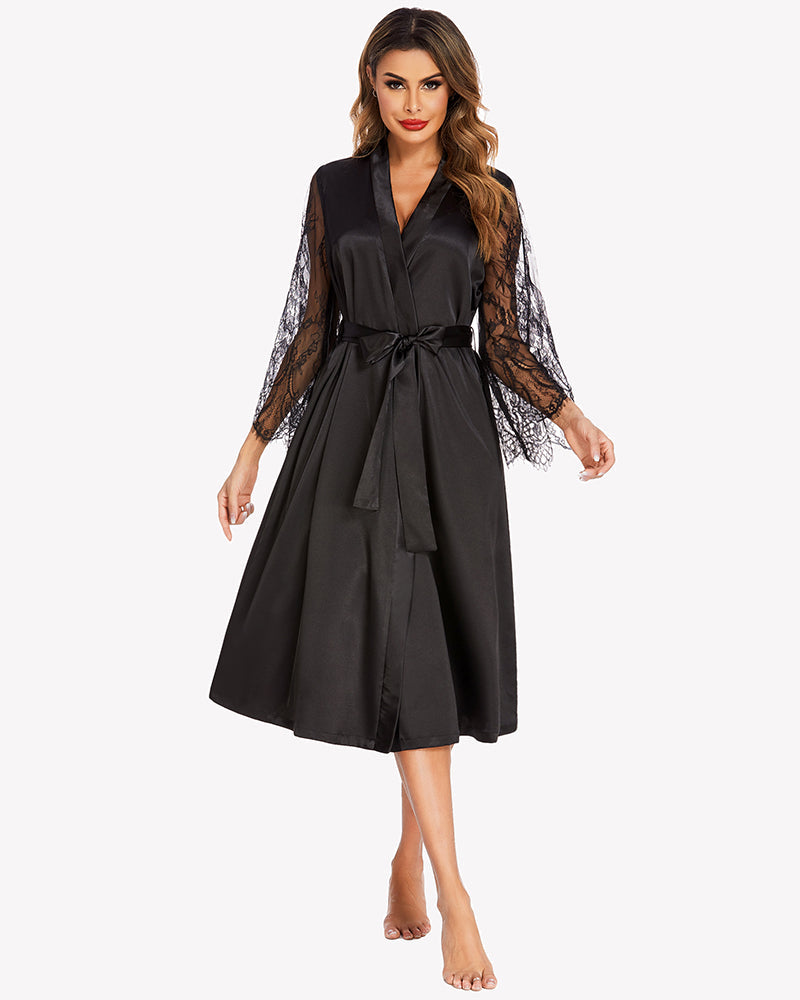 Black satin kimono robe with lace sleeves and tied waist belt, V-neck design