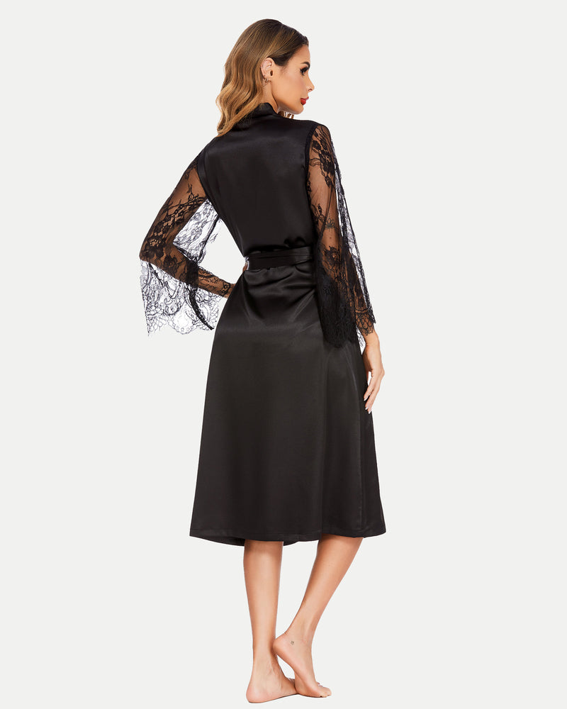 Black satin kimono robe with floral lace sleeves and waist tie belt, back view