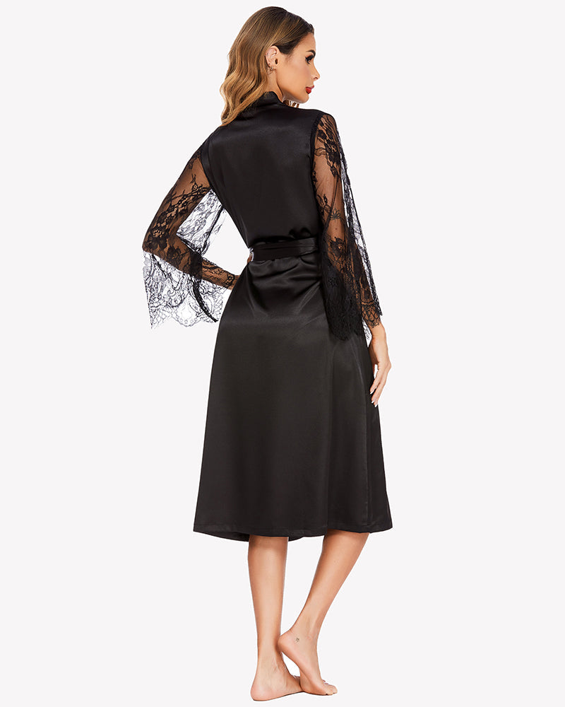 Black satin kimono robe with lace sleeves and tied waist belt, back view