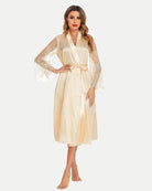 Champagne satin kimono robe with lace sleeves, V-neck, and tied waist belt