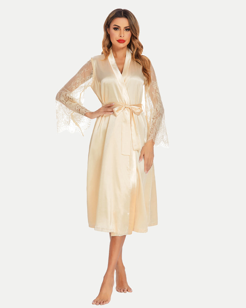 Champagne satin kimono robe with lace sleeves, V-neck, and tied waist belt