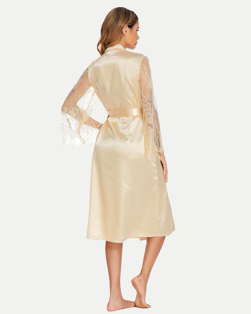 Champagne kimono robe back with floral lace sleeves and satin tie waist belt