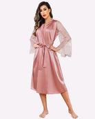 Blush satin kimono robe with lace long sleeves, V-neck, tie belt, knee-length.