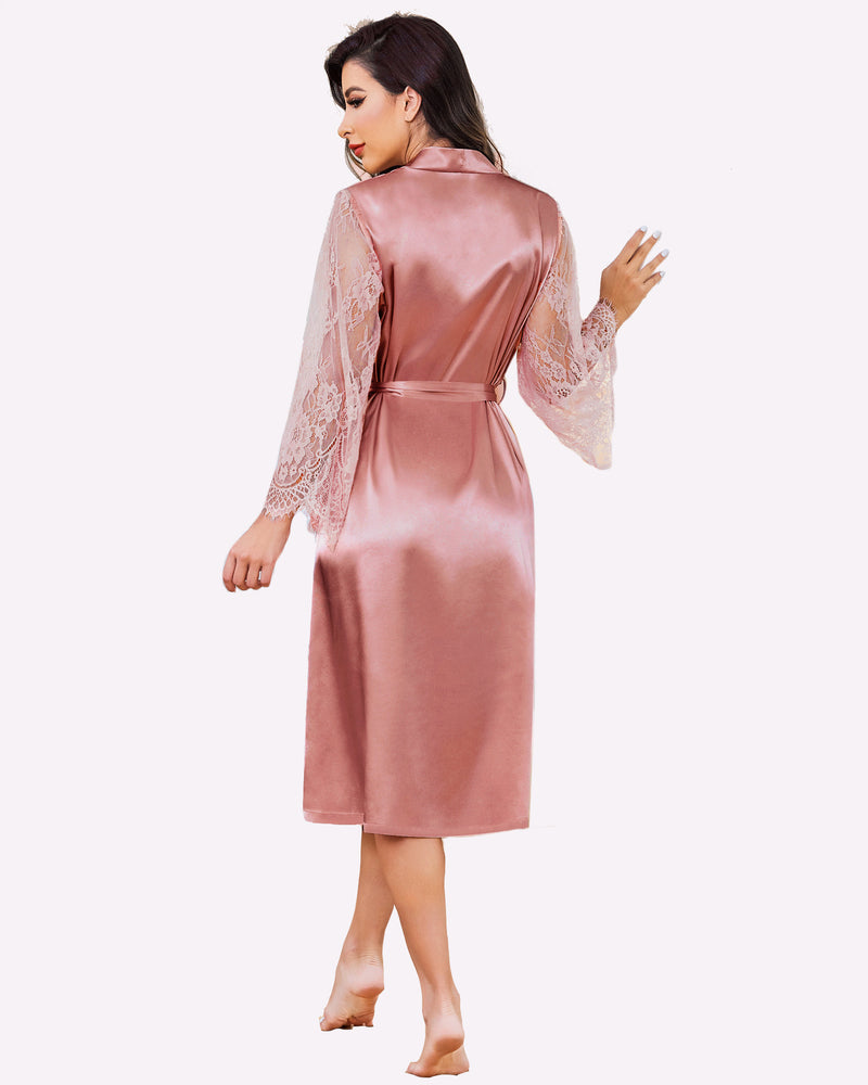 Blush satin kimono robe with lace long sleeves, V-neck, tie belt, back view.