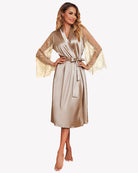 Champagne satin lace kimono robe with long lace sleeves and tied waist