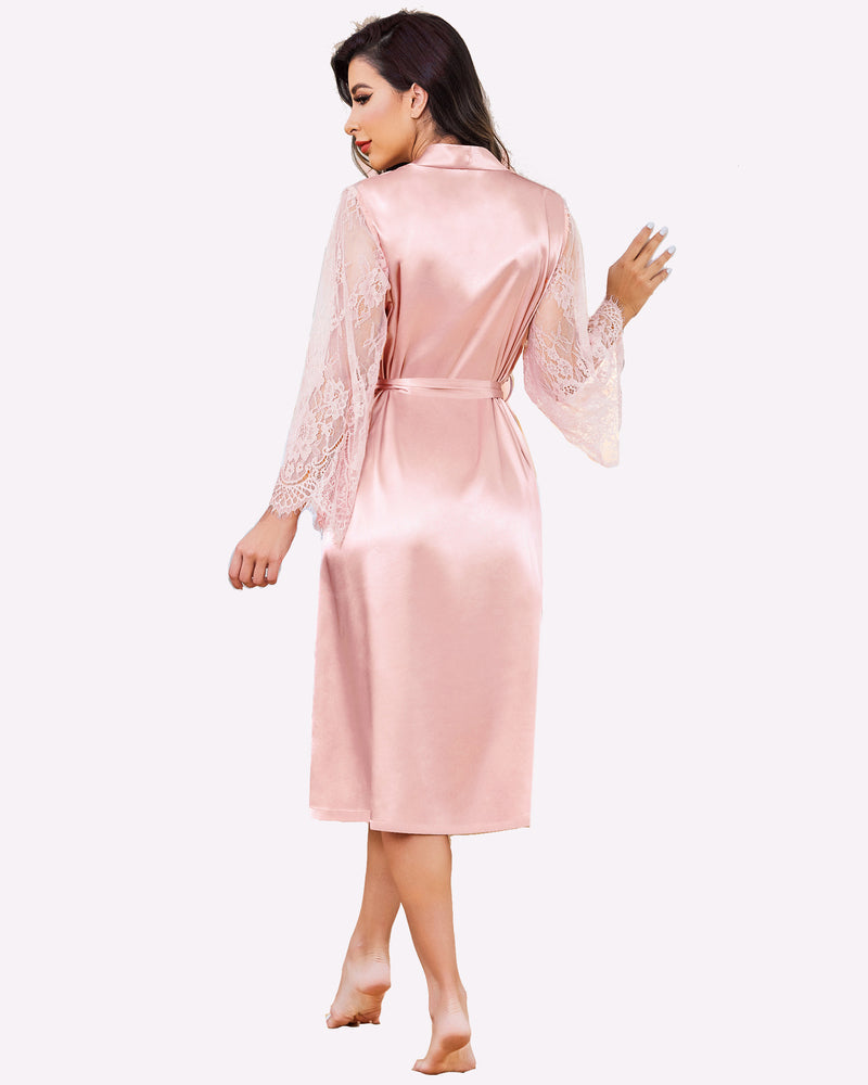 Blush satin kimono robe with lace long sleeves, tie belt, back view, knee-length.