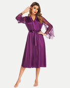 Purple satin kimono robe with floral lace sleeves and waist tie belt, knee-length