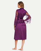 Purple satin kimono robe with lace sleeves, V-neck and tie waist belt