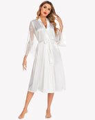 White satin kimono robe with floral-lace bell sleeves and tied waist, knee length