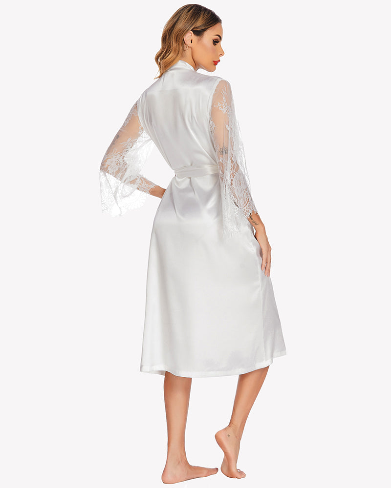 White satin kimono robe with lace long sleeves and tie belt, back view, knee-length.
