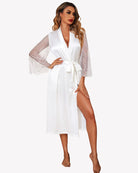White satin kimono robe with floral lace sleeves and front tie belt, side slit