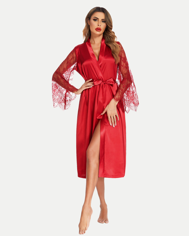 Red satin kimono robe with lace sleeves, V-neck and tie waist belt