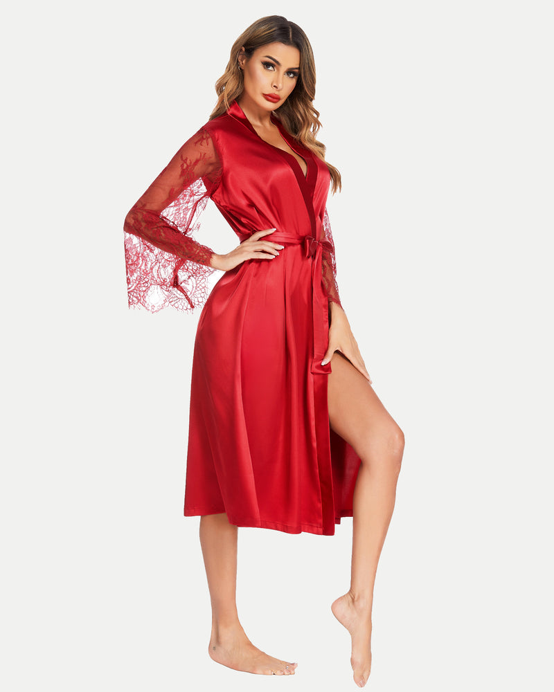 Red satin kimono robe with lace sleeves and tied waist belt, front side view