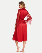 Red satin kimono robe with lace sleeves and tie waist, back view