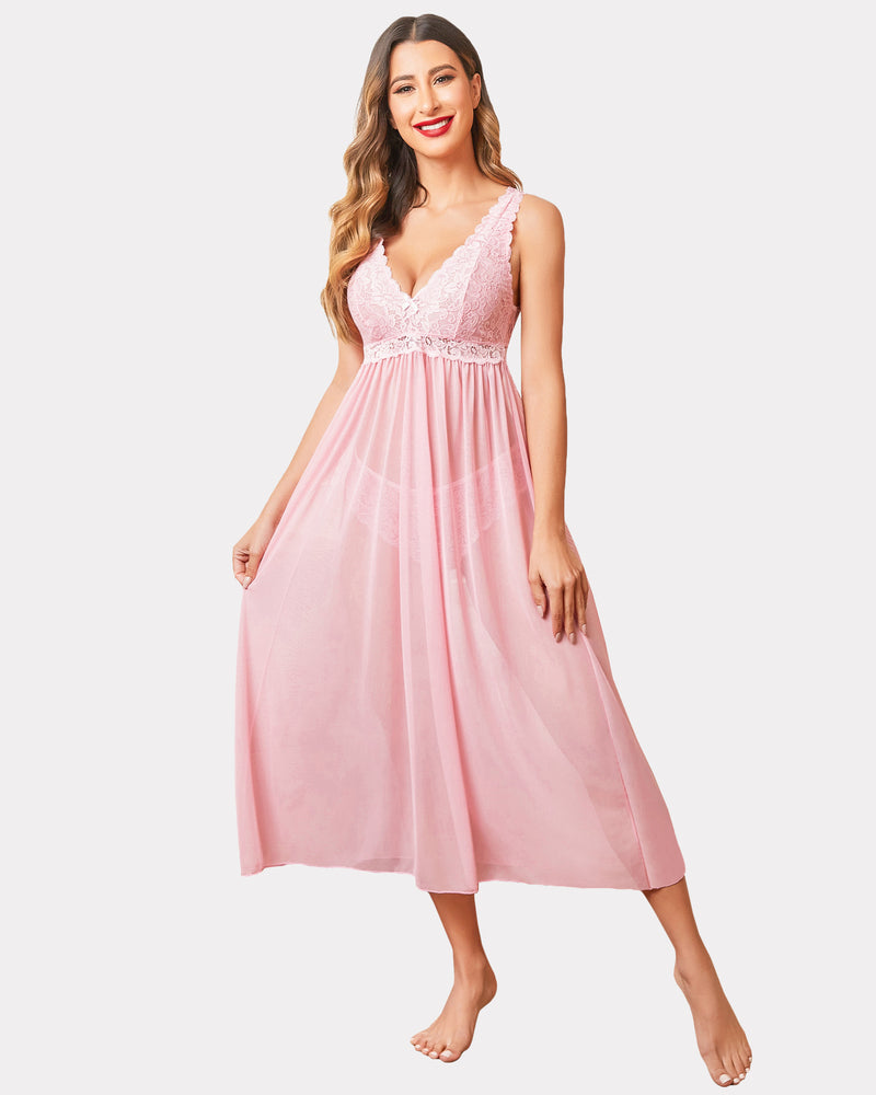 Pink lace mesh V-neck chemise with lace bodice and airy gathered skirt