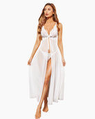 White high-split long lingerie gown with lace underwire top and sheer flowing skirt.