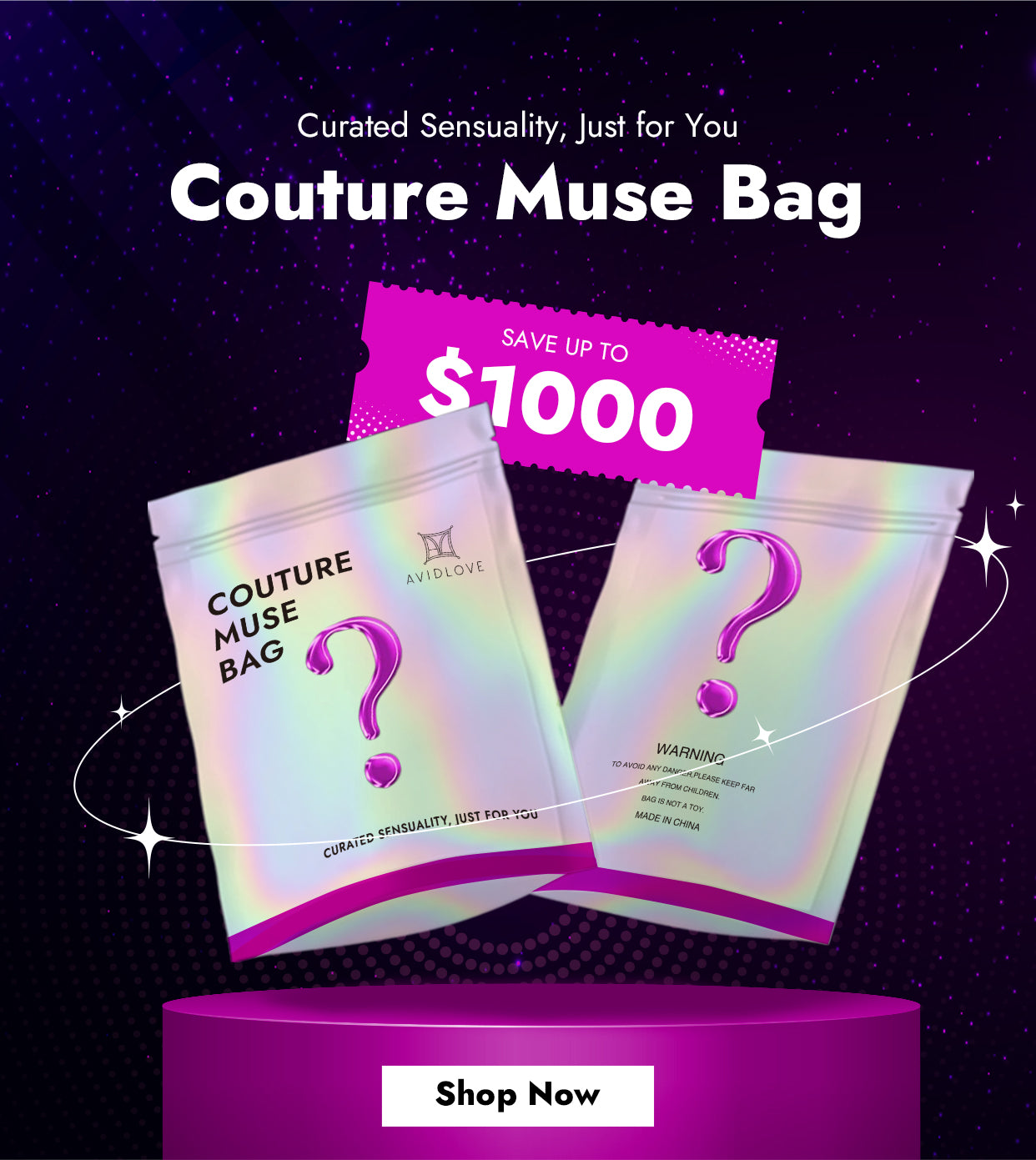 Couture Muse bag holographic pouches, three-pack with question-mark icons