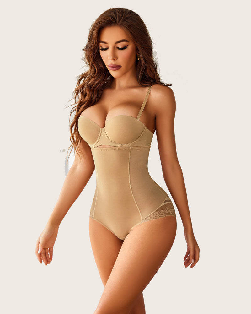 Khaki high-waist cincher girdle with underwire bra cups and lace-trim briefs