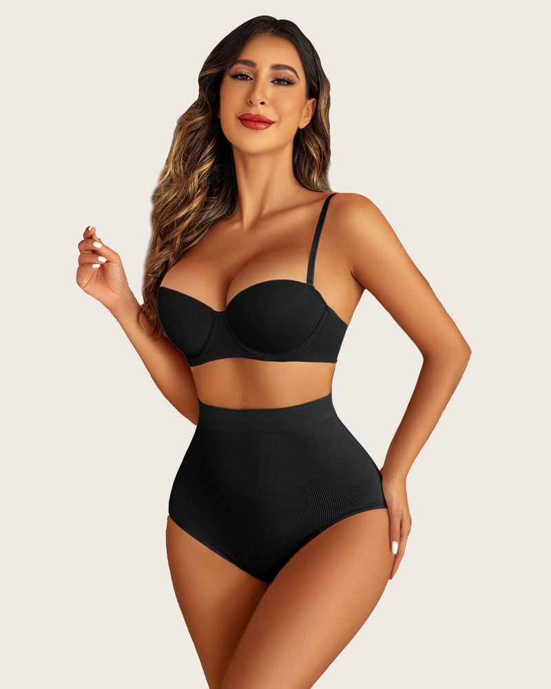 Black tummy control briefs on model, high-waist with smooth shaping front