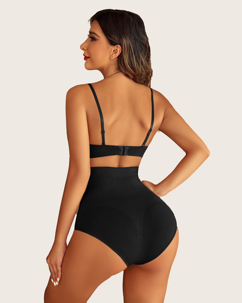 Black tummy control briefs on model, high-waist with full back coverage