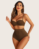 Brown tummy control briefs on model, high-waist with smooth shaping front