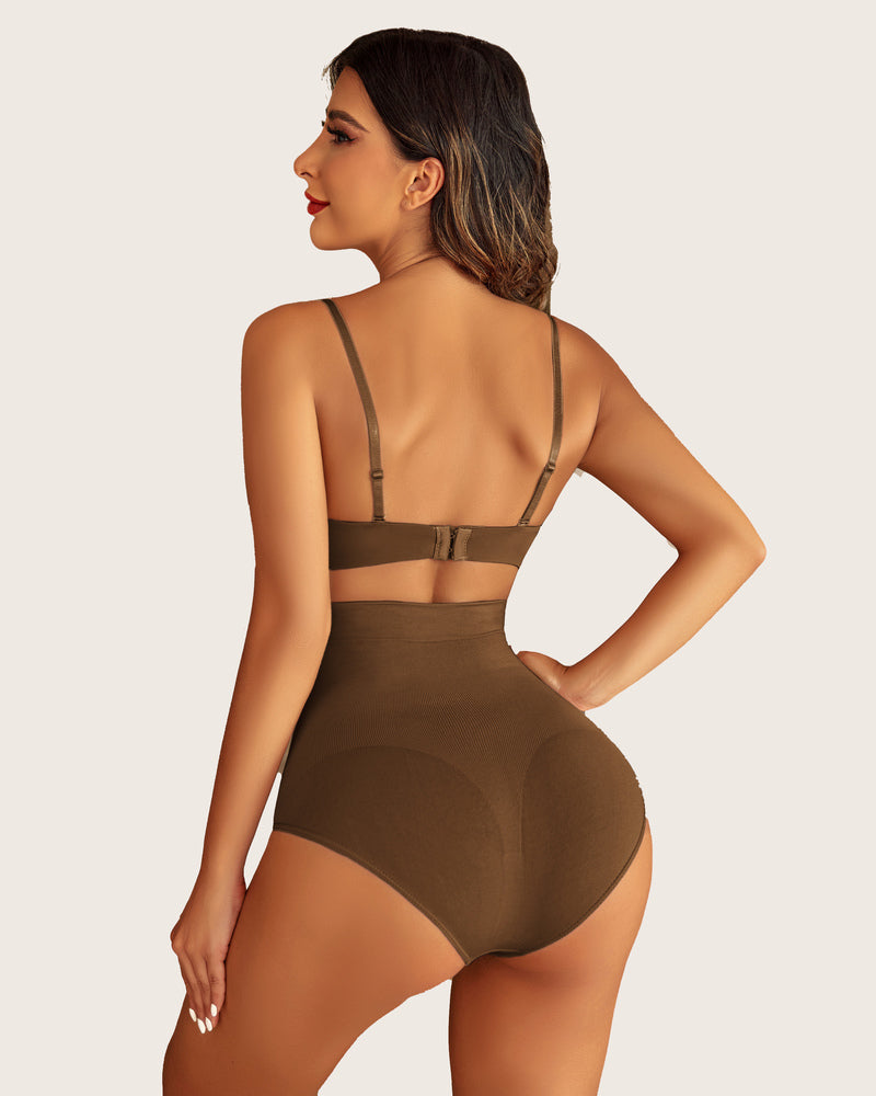 Tummy control high-waist panties, brown, back view with full coverage and ribbed knit