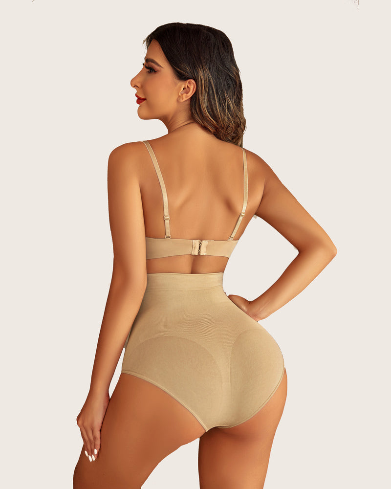 Tummy control shapewear panties, beige high-waist brief, back view