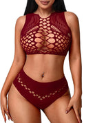 Burgundy fishnet high-neck crop top and high-waist panty lingerie set