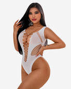 White rhinestone mesh bodysuit with crisscross lace-up side cutouts