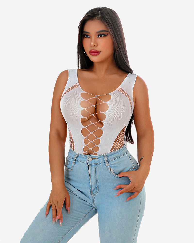 White rhinestone mesh bodysuit with crisscross lace-up back cutouts