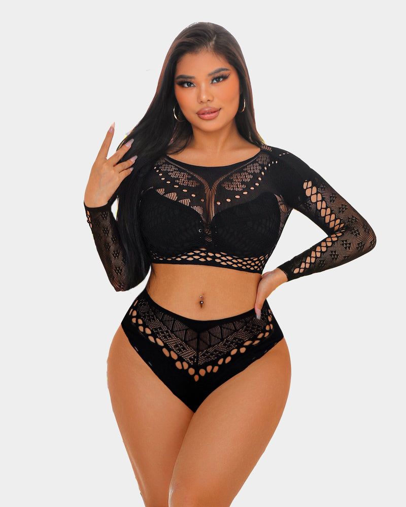 Black fishnet long-sleeve two-piece set with cutout bra top and high-waist briefs