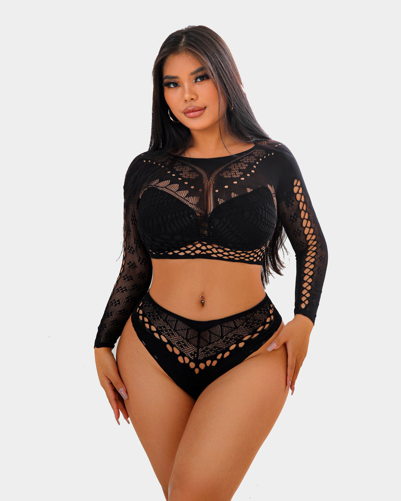 Black fishnet long-sleeve two-piece set with cutout bra top and high-waist briefs