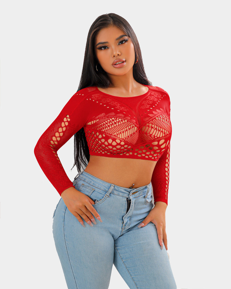 Red fishnet long-sleeve crop top and high-waist briefs with cutout pattern