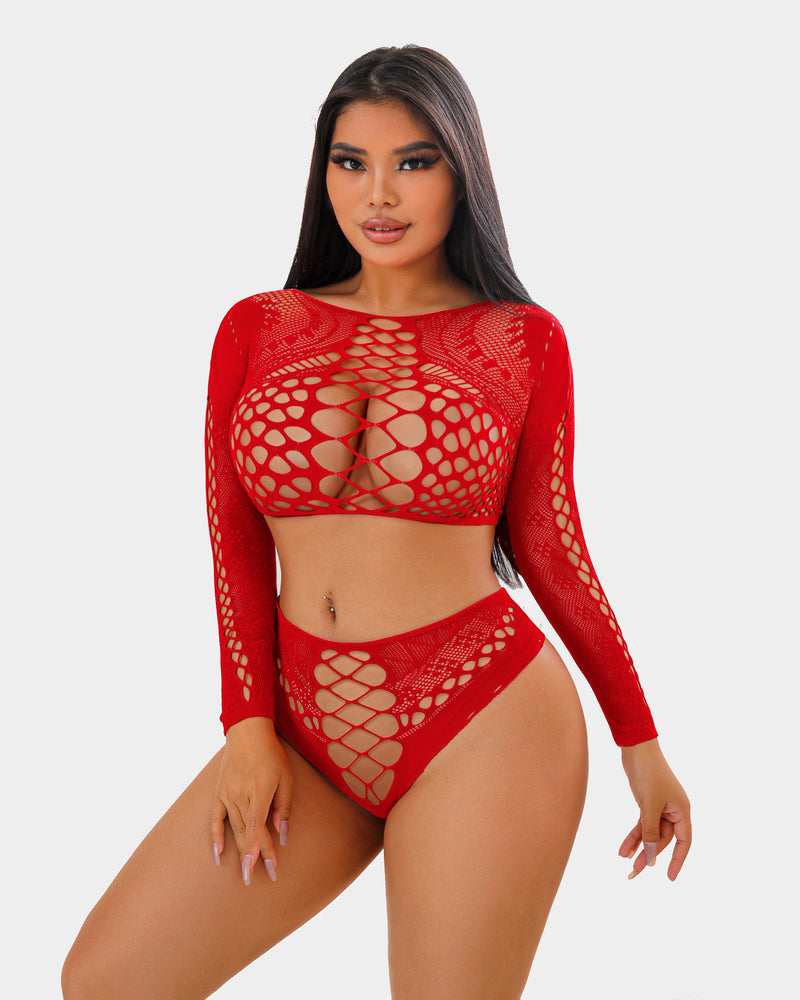 Red fishnet long-sleeve two-piece set with cutout bra top and high-waist briefs
