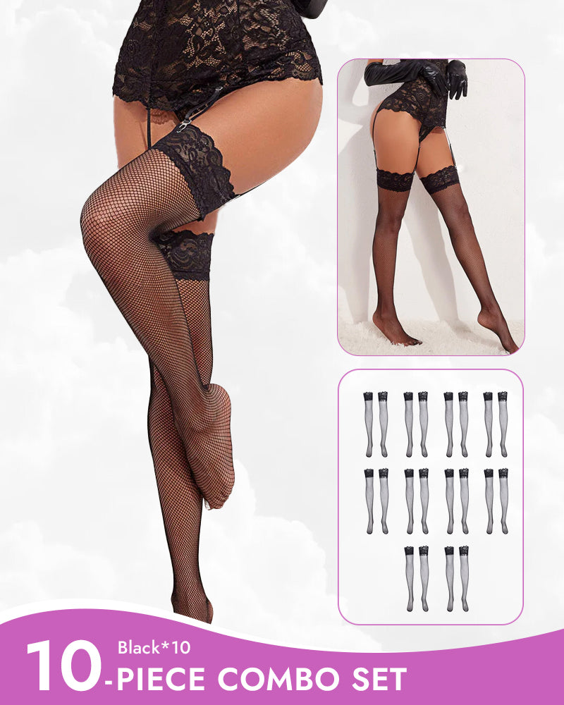Black sheer fishnet stockings with lace top trim and wide lace cuff sections