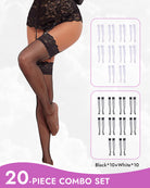Black sheer fishnet stockings with lace trim at top and lace garter-style cuffs